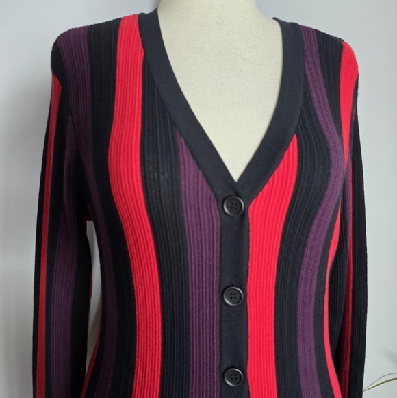 CAbi Royal Colorblock Striped Button Front Rib Knit Pullover Sweater SZ Medium - Picture 5 of 15